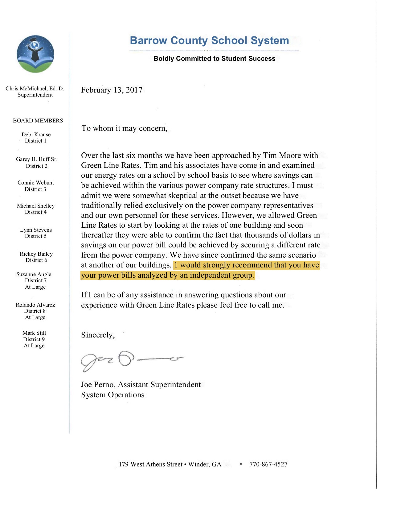 School energy audit - Barrow County School System referral for Greenline Rates